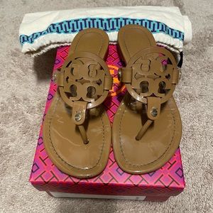 Tory Burch Miller Sandal Patent Leather, Color Sand, Size 6.5 fit like a 6